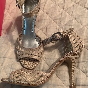 BCBGirls pearl snake embossed leather ankle strap heels, 5.5, never worn